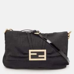 Pre Owned Fendi Black Zucca Canvas and Patent Leather Large Mia Flap Bag