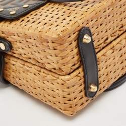 Pre Owned Fendi Black/Brown Zucca Embossed Leather and Wicker Mini Flip Shoulder Bag