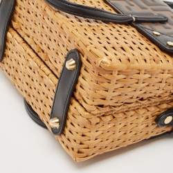 Pre Owned Fendi Black/Brown Zucca Embossed Leather and Wicker Mini Flip Shoulder Bag