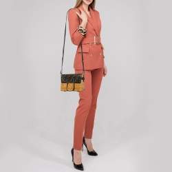 Pre Owned Fendi Black/Brown Zucca Embossed Leather and Wicker Mini Flip Shoulder Bag