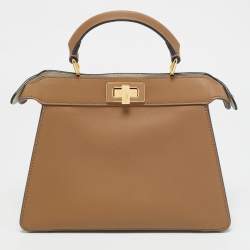 Pre Owned Fendi White/Brown Leather Small Peekaboo ISeeU Top Handle Bag