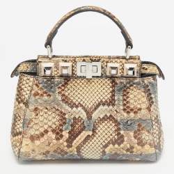 مملوكة مسبقًا Fendi Beige/Multicolor Python Mini Studded Peekaboo Top Handle Bag