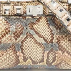 مملوكة مسبقًا Fendi Beige/Multicolor Python Mini Studded Peekaboo Top Handle Bag