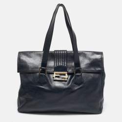 Fendi Navy Blue Glossy Leather FF Flap Tote