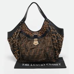 Pre Owned Fendi Brown/Black Zucca and Leopard Print Canvas Large Chef Tote