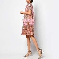 Fendi Pink FF Openwork Embroidered Canvas Medium Baguette Bag