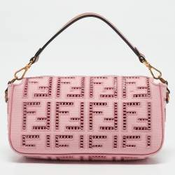 Fendi Pink FF Openwork Embroidered Canvas Medium Baguette Bag