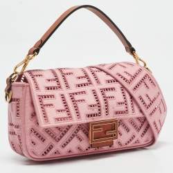 Fendi Pink FF Openwork Embroidered Canvas Medium Baguette Bag