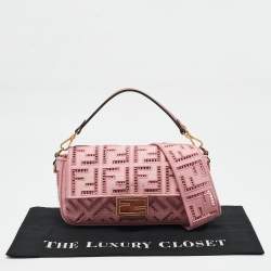 Fendi Pink FF Openwork Embroidered Canvas Medium Baguette Bag