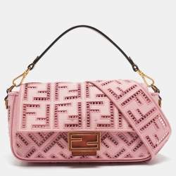 Fendi Pink FF Openwork Embroidered Canvas Medium Baguette Bag