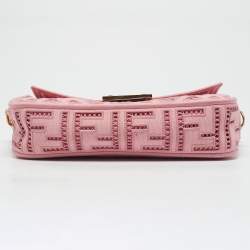 Fendi Pink FF Openwork Embroidered Canvas Medium Baguette Bag