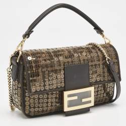Fendi Tobacco Zucca Canvas and Sequins Mini Baguette Bag