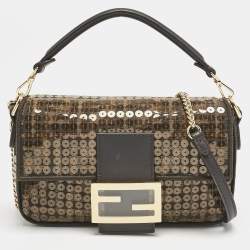 Fendi Tobacco Zucca Canvas and Sequins Mini Baguette Bag