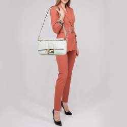Fendi White Zucca Embossed Leather Baguette NM Bag