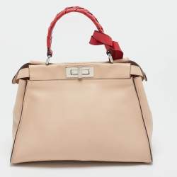Pre Owned Fendi Beige/Red Leather Regular Peekaboo Bow Top Handle Bag