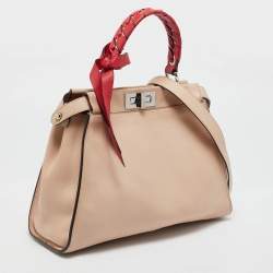 Pre Owned Fendi Beige/Red Leather Regular Peekaboo Bow Top Handle Bag