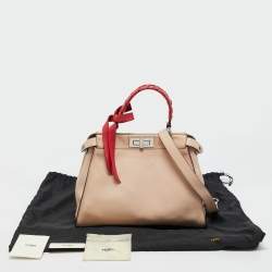 Pre Owned Fendi Beige/Red Leather Regular Peekaboo Bow Top Handle Bag