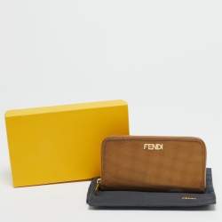 Pre Owned Fendi Gold Embossed Leather Logo Zip Continental Wallet