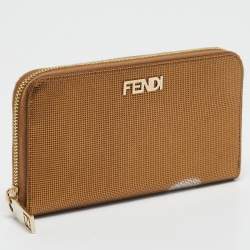Pre Owned Fendi Gold Embossed Leather Logo Zip Continental Wallet