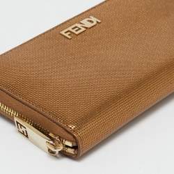 Pre Owned Fendi Gold Embossed Leather Logo Zip Continental Wallet