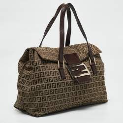 Pre Owned Fendi Beige/Brown Zuchinno Fabric and Leather Forever Flap Tote