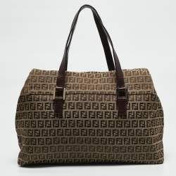 Pre Owned Fendi Beige/Brown Zuchinno Fabric and Leather Forever Flap Tote