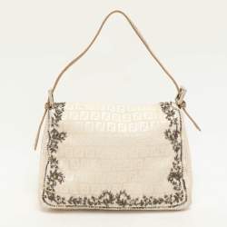 مملوكة مسبقًا Fendi Beige/White FF Canvas and Lizard Embellished Mama Baguette Bag
