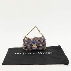 Pre Owned Fendi Purple/Gold Satin Crystal Studded Fur Micro Baguette Bag