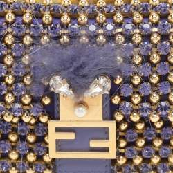 Pre Owned Fendi Purple/Gold Satin Crystal Studded Fur Micro Baguette Bag