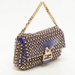 Pre Owned Fendi Purple/Gold Satin Crystal Studded Fur Micro Baguette Bag