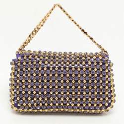 Pre Owned Fendi Purple/Gold Satin Crystal Studded Fur Micro Baguette Bag