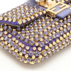 Pre Owned Fendi Purple/Gold Satin Crystal Studded Fur Micro Baguette Bag