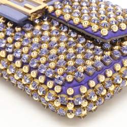 Pre Owned Fendi Purple/Gold Satin Crystal Studded Fur Micro Baguette Bag