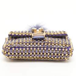 Pre Owned Fendi Purple/Gold Satin Crystal Studded Fur Micro Baguette Bag
