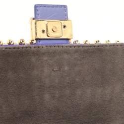 Pre Owned Fendi Purple/Gold Satin Crystal Studded Fur Micro Baguette Bag