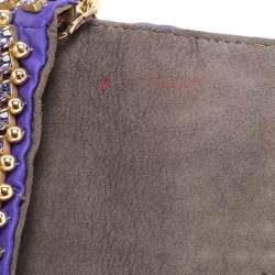 Pre Owned Fendi Purple/Gold Satin Crystal Studded Fur Micro Baguette Bag
