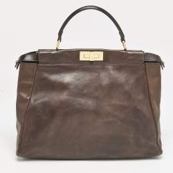 Fendi Dark Brown Leather Large Peekaboo Top Handle Bag