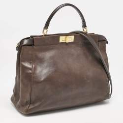 Fendi Dark Brown Leather Large Peekaboo Top Handle Bag