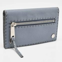 Fendi Light Blue Selleria Leather Front Zip Wallet Organizer