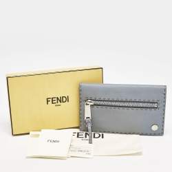 Fendi Light Blue Selleria Leather Front Zip Wallet Organizer