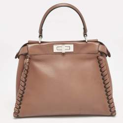 Pre Owned Fendi Brown Leather Medium Whipstitched Peekaboo Top Handle Bag