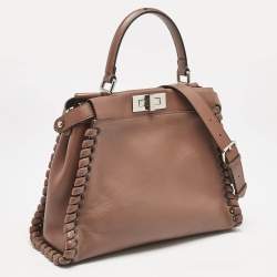 Pre Owned Fendi Brown Leather Medium Whipstitched Peekaboo Top Handle Bag