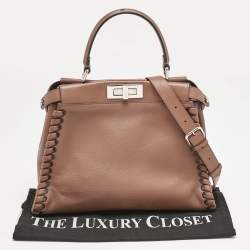 Pre Owned Fendi Brown Leather Medium Whipstitched Peekaboo Top Handle Bag