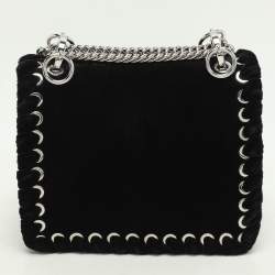 Fendi Black Velvet and Leather Small Kan I Logo Embellished Top Handle Bag