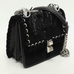 Fendi Black Velvet and Leather Small Kan I Logo Embellished Top Handle Bag