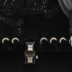 Fendi Black Velvet and Leather Small Kan I Logo Embellished Top Handle Bag