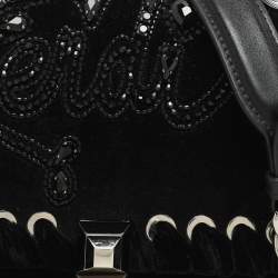 Fendi Black Velvet and Leather Small Kan I Logo Embellished Top Handle Bag