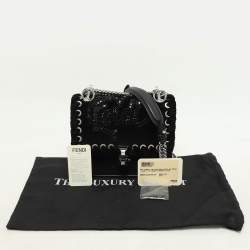Fendi Black Velvet and Leather Small Kan I Logo Embellished Top Handle Bag