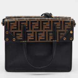 Fendi Black/Brown Zucca Embossed Leather Grace Flip Convertible Tote