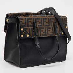 Fendi Black/Brown Zucca Embossed Leather Grace Flip Convertible Tote
